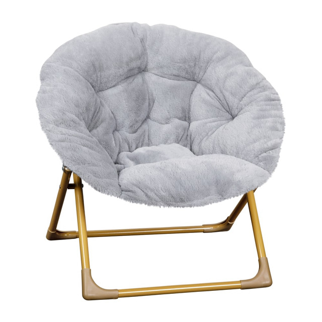 Give your kids the perfect place to hang out with the plush softness of this mini saucer chair.  Contemporary Kids Mini Folding Saucer Chair  Faux Fur Uphostery  Thickly Padded Back and Seat for Comfort  Foldable Design for Storage and Portability  Steel Frame Holds up to 150 LBS. Static Weight  Locking Legs and Anti-Tip Corners for Safety  Tested and Certified to Comply with all USA Toy Safety Regulations  Wipe Clean with a Mild Detergent and Damp Cloth  No Assembly Required