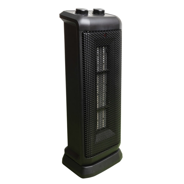 WORLD MARKETING OF AMERICA INC CEH625 Comfort Glow 1500W Oscillating Ceramic Fan Tower Heater With Thermostat, 5-9/16in x 17-3/4in, Black WORLD MARKETING OF AMERICA INC CEH625 Comfort Glow 1500W Oscillating Ceramic Fan Tower Heater With Thermostat, 5-9/16in x 17-3/4in, Black