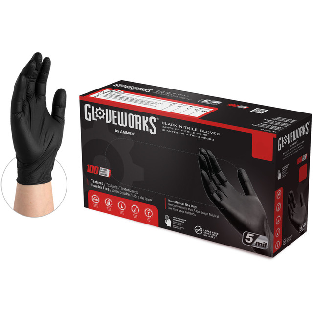 AMMEX CORPORATION GPNB48100 Gloveworks Nitrile Industrial Powder-Free Disposable Gloves, Extra Large, Black, Box Of 100 Gloves AMMEX CORPORATION GPNB48100 Gloveworks Nitrile Industrial Powder-Free Disposable Gloves, Extra Large, Black, Box Of 100 Gloves