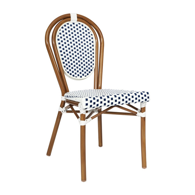 FLASH FURNITURE SDA6422SWNVN Lourdes Indoor/Outdoor Commercial Thonet Bistro Stacking Chair, PE Rattan and Aluminum Frame, White & Navy/Natural Frame FLASH FURNITURE SDA6422SWNVN Lourdes Indoor/Outdoor Commercial Thonet Bistro Stacking Chair, PE Rattan and Aluminum Frame, White & Navy/Natural Frame