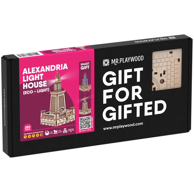 This model, "Eco-light," features a manually operated energy source via a hand crank, allowing for an exciting construction process that demonstrates mechanics and electrical principles through a built-in dynamo machine. Among the seven wonders of the ancient world, the Lighthouse of Alexandria was the sole structure with a practical function. It served multiple purposes: guiding ships into the harbor, functioning as an observation post atop a distinctive structure, and enabling surveillance of the waters for potential threats.  By following clear instructions, the generators motor transforms power into electricity, illuminating a small lamp without the use of batteries.  The wooden model of the Alexandria Lighthouse is an ideal gift for individuals aged 14 and above who enjoy assembling models.  The construction kit contains all essential components.  Build a collection of architectural marvels from around the world!  3D STEM model to assemble and customize at school or home.  Wooden Puzzle with very high precision plywood pieces.  No messy glue required.  All inclusive boxes, self assembly.  Clear colorful step-by-step assembly instructions.