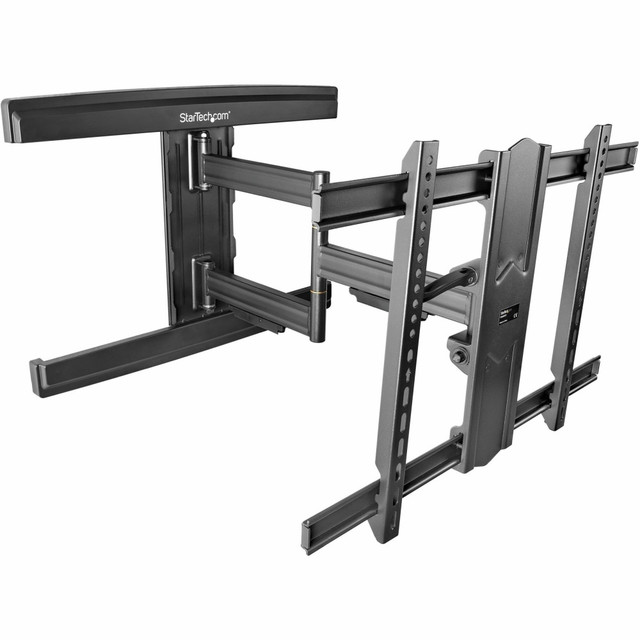 TIDY AESTHETIC: The adjustable tv wall mounting bracket w/ integrated cable management & optional black snap-on covers keeps flat screen cables organized; ideal for customer-facing digital signage  WIDE RANGE OF MOTION: Articulating TV wall mount offers +/-90 deg. swivel, +2/-15 deg. tilt & +/-3 deg. LCD screen level adjustment & arms allow low-profile at 2.8in (70 mm) from wall or extend to 25.5in (650 mm)  LATERAL ADJUSTMENT: Full motion TV wall mount w/ post-install lateral shifting lets you center the display on a wall or corner, w/ 16in/24in off-centered studs w/ range of 45.8in/1.1m from left to right  COMPATIBILITY: Universal TV wall mount supports LG, Samsung, Sony, Sharp, among others (screws/spacers incl) & VESA hole patterns 200x100, 200x200, 200x300, 200x400, 300x200, 300x300, 400x200, 400x300, 400x400, 600x200, 600x300, 600x400  LARGE 80in TV WALL MOUNT: This heavy-duty TV wall mount supports VESA compatible displays incl. curved TVs up to 80 inch (110 lb/50 kg) w/ a durable full-motion steel frame and a powder-coated finish