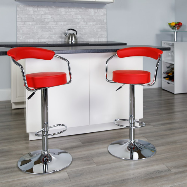 FLASH FURNITURE CHTC31060RED  Contemporary Vinyl Adjustable Height Barstool with Arms and Chrome Base, Red