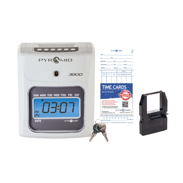 PYRAMID TECHNOLOGIES INC. 044942798991 Pyramid Time Systems - Model 3800 Auto Totaling Time Clock, Electronic Time Punch Clock for Small Business, Bundle Includes: 50 Time Cards, 1 Ink Ribbon and 2 Security Keys