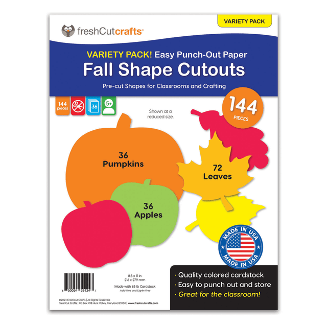 Use the shapes for exciting and visual lessons, crafting, posters, decoration, and more! All shapes are pre-cut so they can be safely punched out by hand - no parental oversight required.  Get 228 easy punch-out 2-sided shapes in assorted bright colors on fade-proof quality cardstock.  Sheets are organized by shape, size, and color, making it easy to find the right shapes as you need them.  Shapes stay in the sheet until gently punched out. Neat and tidy.  Made of sturdy, high-quality cardstock that holds easy punch-out shapes in assorted bright colors.  Our products are NOT printed, NOT construction paper, NOT foam shapes!  This multicolored pack includes 72 Leaves in Fall colors, 36 orange Pumpkins, and 36 Apples in red and green for endless imaginative options.