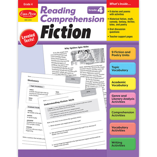 Practicing reading comprehension skills and strategies with a variety of fiction texts and comprehension activities provides students with the academic experiences they need to succeed! This unique collection of fiction texts provides interesting and engaging lessons and activities for students to explore literary elements and techniques such as character, setting, theme, plot, and more.  Leveled texts.  Genres such as myths, historical and realistic fiction, fantasy, folk tales, poems, and more.  Close reading discussions and activities, comprehension, vocabulary, and writing activities.  144 reproducible pages.  Engage fourth-grade students in high-quality reading comprehension lessons that include eight fiction genres, reading selections and dictionaries, oral discussions, comprehension activities, literary analysis activities, and writing prompt activities.