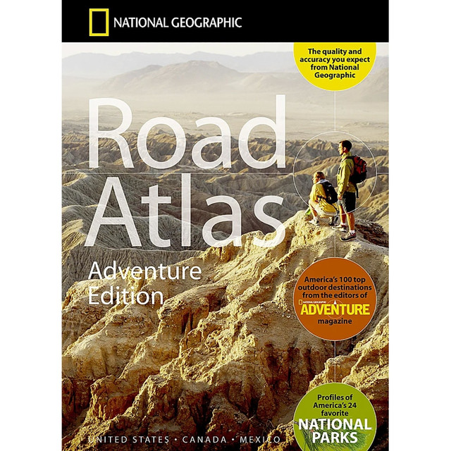 National Geographics Road Atlas: Adventure Edition, is the ideal companion for the next time you hit the road. Includes up-to-date road maps for all 50 U.S. States, plus Canada, Mexico, and Puerto Rico.  Setting this atlas apart from all other road atlases are the inclusion of detailed maps and guidebook-like recommendations on the top 100 destinations for adventure, plus the top 24 most visited National Parks.  Includes up-to-date road maps for all 50 U.S. States, plus Canada, Mexico, and Puerto Rico. Major cities and metropolitan areas are shown in detail with inset maps that include popular attractions, infrastructure and points-of-interest.  An additional resources section provides contact information for local tourism offices, plus a place name index to help easily locate a specific city.  The Road Atlas: Adventure Edition is printed in the United States and features a heavy duty spiral binding and Travel Tough tear-resistant cover for durability and lay-flat reading.  Measures 11in x 15in.