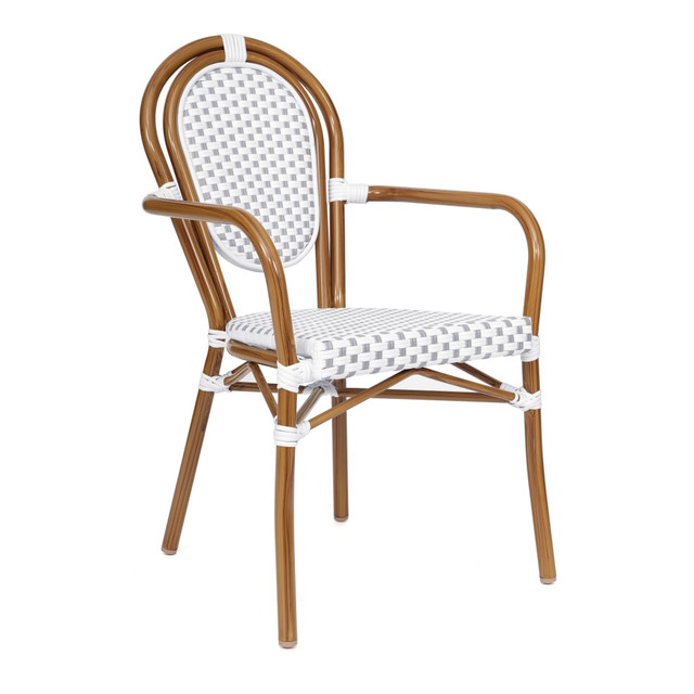 FLASH FURNITURE SDA6422AWGYN Lourdes Indoor/Outdoor Commercial Thonet Bistro Stacking Chair with Arms, PE Rattan and Aluminum Frame, White & Gray/Natural Frame FLASH FURNITURE SDA6422AWGYN Lourdes Indoor/Outdoor Commercial Thonet Bistro Stacking Chair with Arms, PE Rattan and Aluminum Frame, White & Gray/Natural Frame