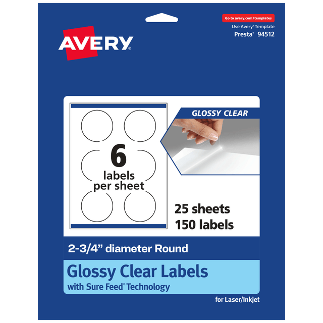 AVERY PRODUCTS CORPORATION 94512-CGF25 Avery Glossy Permanent Labels With Sure Feed, 94512-CGF25, Round, 2-3/4in Diameter, Clear, Pack Of 150 AVERY PRODUCTS CORPORATION 94512-CGF25 Avery Glossy Permanent Labels With Sure Feed, 94512-CGF25, Round, 2-3/4in Diameter, Clear, Pack Of 150