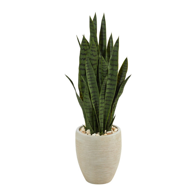 NEARLY NATURAL INC. P1693 Nearly Natural Sansevieria 40inH Artificial Plant With Planter, 40inH x 13inW x 13inD, Green/Beige