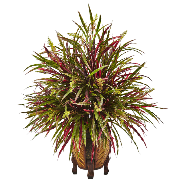 NEARLY NATURAL INC. 6904 Nearly Natural Autumn Grass 30inH Artificial Plant Arrangement With Round Planter, 30inH x 26inW x 23inD, Red/Green