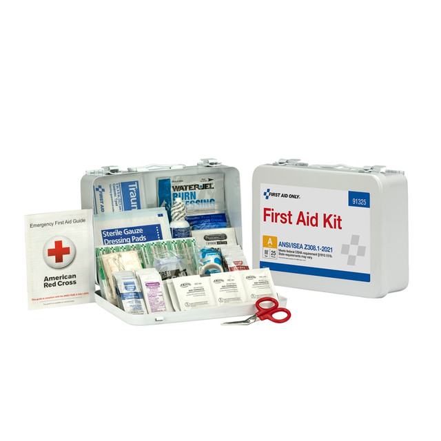 FIRST AID ONLY, INC. 91325 First Aid Only 25-Person Metal First Aid Kit, 6-1/2inH x 9-1/2inW x 3inD, Kit Of 94 Pieces FIRST AID ONLY, INC. 91325 First Aid Only 25-Person Metal First Aid Kit, 6-1/2inH x 9-1/2inW x 3inD, Kit Of 94 Pieces