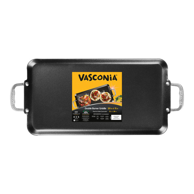 EKCO(R) 4043785 Vasconia Aluminum Nonstick Double Burner Griddle, 24-7/16in x 10-13/16in x 3-5/16in, Metallic EKCO(R) 4043785 Vasconia Aluminum Nonstick Double Burner Griddle, 24-7/16in x 10-13/16in x 3-5/16in, Metallic