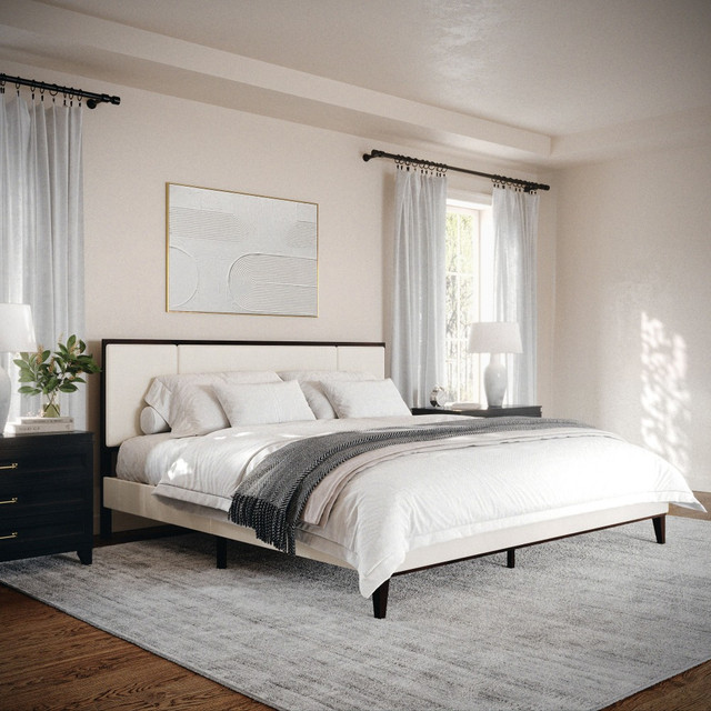 FLASH FURNITURE MG0900271FKDKBN Martha Stewart Jett Solid Wood Platform Bed with Upholstered Base and Inset Paneled Headboard, Wood Slat Bottom, No Box Spring Needed, Beige Fabric/Dark Brown Frame, King