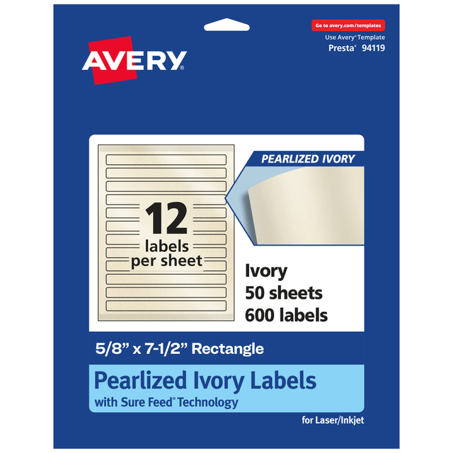 AVERY PRODUCTS CORPORATION 94119-PIP50 Avery Pearlized Permanent Labels With Sure Feed, 94119-PIP50, Rectangle, 5/8in x 7-1/2in, Ivory, Pack Of 600 Labels AVERY PRODUCTS CORPORATION 94119-PIP50 Avery Pearlized Permanent Labels With Sure Feed, 94119-PIP50, Rectangle, 5/8in x 7-1/2in, Ivory, Pack Of 600 Labels