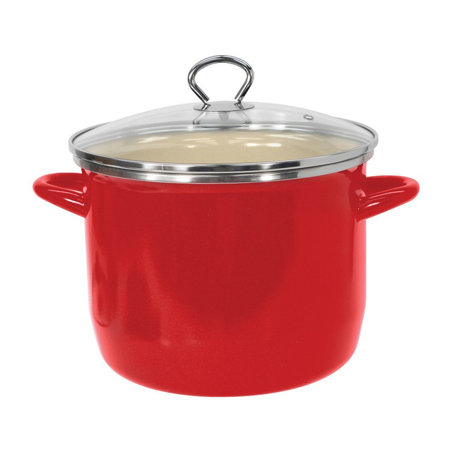 EKCO(R) 4042825 Vasconia 8-Qt Steel Stockpot With Glass Lid, 7-7/16in x 9-5/8in x 9-13/16in, Red