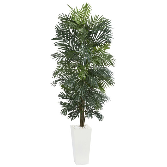 NEARLY NATURAL INC. 5876 Nearly Natural 7ftH Areca Artificial Tree With Tower Planter, 84inH x 45inW x 40inD, White/Green