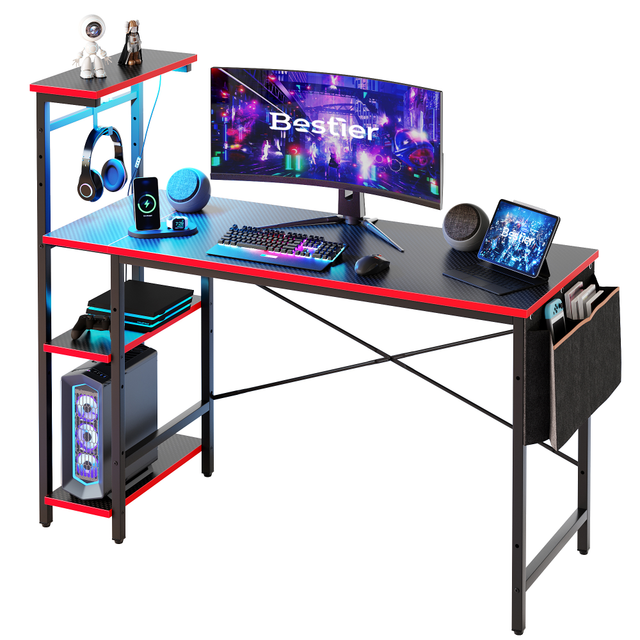 BESTIER D513S-GAMD  RGB Gaming Desk With Storage Shelf & Side Pocket, 52inW, Black Carbon Fiber