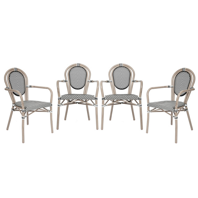 FLASH FURNITURE 4SDA6422ATXTBWL  4 Pack Marseille Indoor/Outdoor Commercial Thonet Bistro Stacking Chair with Arms, Textilene and Bamboo Print Aluminum Frame, Black & White/Light Natural Frame