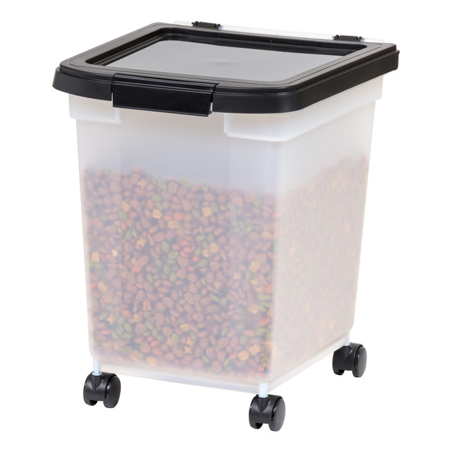 Store pet food, cat litter or wood chips in the Iris Airtight Container. This container is made of plastic for durability, and it has an airtight seal to keep out moisture and pests.  Made of durable plastic.  Airtight seal helps keep out moisture and pests.  Caster wheels provide convenient mobility.  Tapered shape fits into tight spaces.  Includes scoop.  32.5 qt capacity offers ample storage space.
