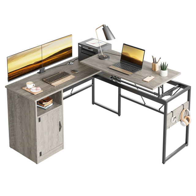 BESTIER H100824B-GRYW 60inW Standing Desk With Storage Cabinet & Accessory Hooks, Gray Wash BESTIER H100824B-GRYW 60inW Standing Desk With Storage Cabinet & Accessory Hooks, Gray Wash