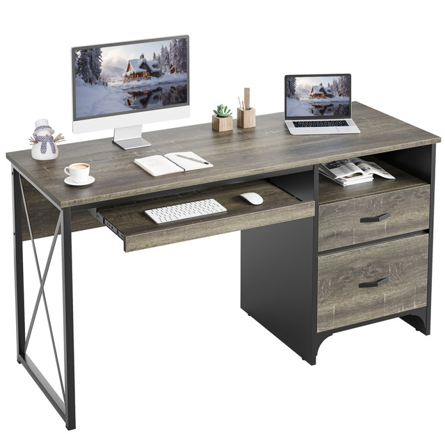 BESTIER D374Q-RGOD 56inW Office Desk With Drawers & Tray, Retro Gray Oak Dark BESTIER D374Q-RGOD 56inW Office Desk With Drawers & Tray, Retro Gray Oak Dark