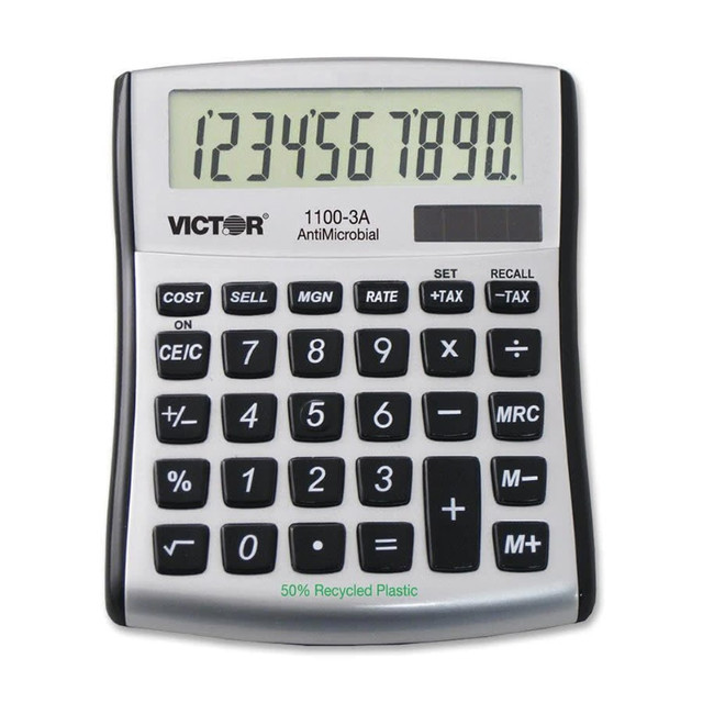 VERBATIM AMERICAS LLC 1100-3A Victor 11003A Mini Desktop Calculator - Large Display, Angled Display, Dual Power, Independent Memory, Battery Backup - Battery/Solar Powered - Battery Included - 1.1in x 4.5in x 5in x 5in - Black, Silver - Plastic - 1 E