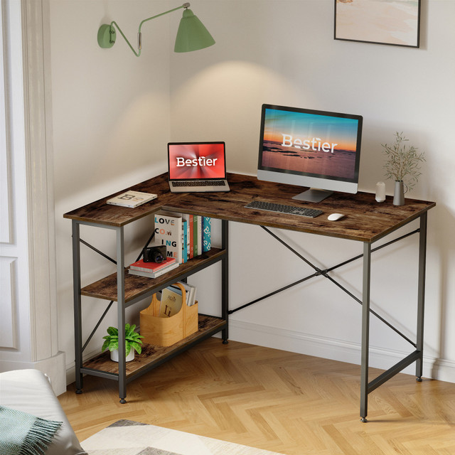 BESTIER BEST-1298-D31RST  L-Shaped Corner Desk With Storage Shelf, 48inW, Rustic Brown