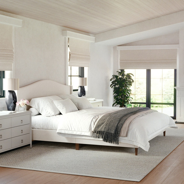 FLASH FURNITURE TW3WDB02KBG Martha Stewart Amelia Upholstered Platform Bed with Curved Headboard and Cushioned Siderails, Wood Slat Foundation with No Box Spring Needed, Beige Fabric/Walnut Legs, King