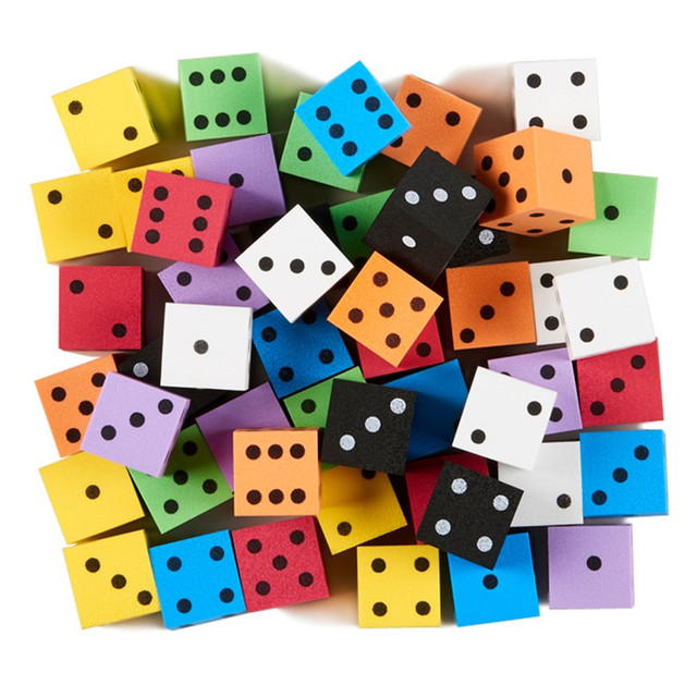 Ideal for games and practicing math skills, these soft foam dice are much quieter than regular dice.  There are hundreds of counting, sorting and math applications!  Foam Dice are a great math manipulative.  Each foam spot die is 1in.  Includes 50 assorted color.