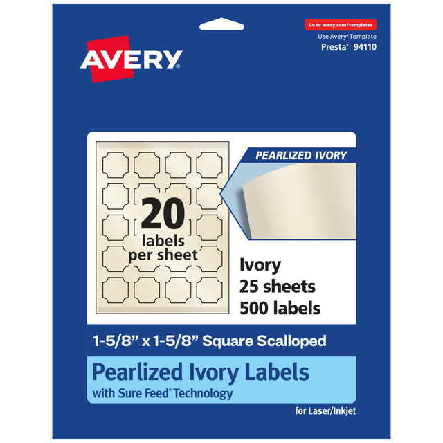 AVERY PRODUCTS CORPORATION 94110-PIP25 Avery Pearlized Permanent Labels With Sure Feed, 94110-PIP25, Square Scalloped, 1-5/8in x 1-5/8in, Ivory, Pack Of 500 Labels AVERY PRODUCTS CORPORATION 94110-PIP25 Avery Pearlized Permanent Labels With Sure Feed, 94110-PIP25, Square Scalloped, 1-5/8in x 1-5/8in, Ivory, Pack Of 500 Labels