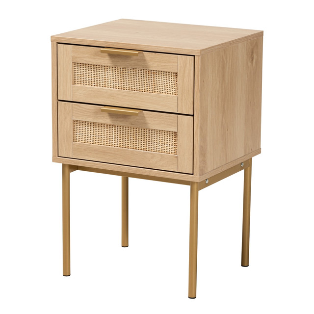 WHOLESALE INTERIORS, INC. 2721-13144 Baxton Studio Dewitt Japandi 2-Drawer End Table, 23-1/4inH x 15-3/4inW x 13-7/16inD, Light Brown/Gold