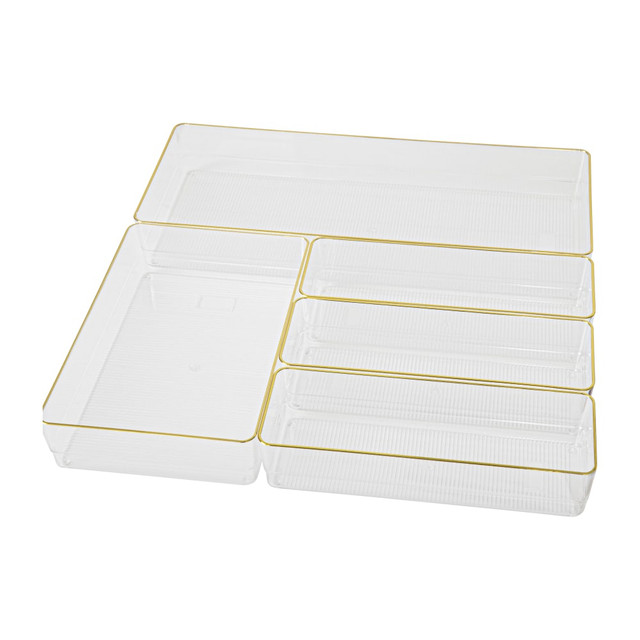 FLASH FURNITURE BEPB9085G5CGD Martha Stewart Kerry Plastic Stackable Office Desk Drawer 5-Piece Organizer Set, Clear/Gold Trim FLASH FURNITURE BEPB9085G5CGD Martha Stewart Kerry Plastic Stackable Office Desk Drawer 5-Piece Organizer Set, Clear/Gold Trim