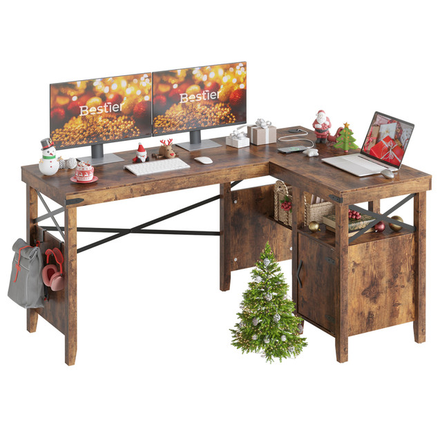 BESTIER H1005153-RST 60inW L-Shaped Corner Computer Desk With Storage Cabinet & Accessory Hooks, Rustic Brown BESTIER H1005153-RST 60inW L-Shaped Corner Computer Desk With Storage Cabinet & Accessory Hooks, Rustic Brown