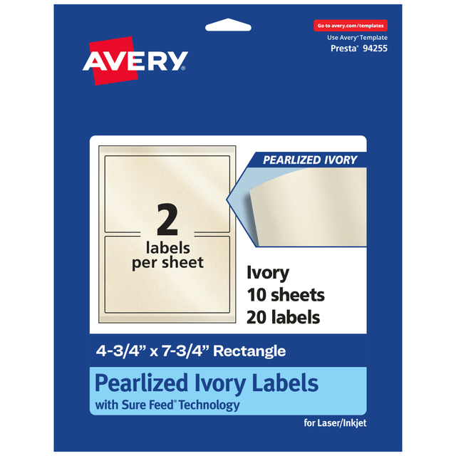 AVERY PRODUCTS CORPORATION 94255-PIP10 Avery Pearlized Permanent Labels With Sure Feed, 94255-PIP10, Rectangle, 4-3/4in x 7-3/4in, Ivory, Pack Of 20 Labels AVERY PRODUCTS CORPORATION 94255-PIP10 Avery Pearlized Permanent Labels With Sure Feed, 94255-PIP10, Rectangle, 4-3/4in x 7-3/4in, Ivory, Pack Of 20 Labels