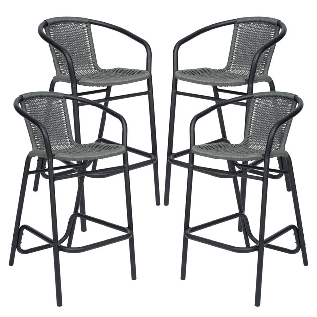 FLASH FURNITURE 4SDA632032RGY  Lila Set of 4 Commercial Grade Indoor-Outdoor PE Rattan Restaurant Barstools with Aluminum Frames and Footrests, Gray