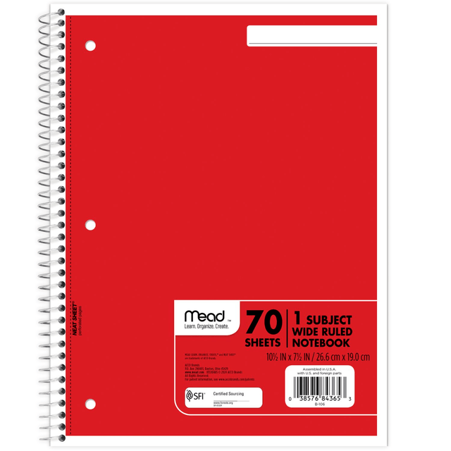 Take notes and complete homework assignments within the pages of these Mead Spiral Notebooks. Each notebook boasts wide-ruled pages ideal for young students, giving them ample space between the lines.  Each notebook has 70 wide-ruled, double-sided sheets.  Pages are perforated for easy tearing.  Notebook is 3-hole punched for use in most standard binders.  Covers are coated for durability.