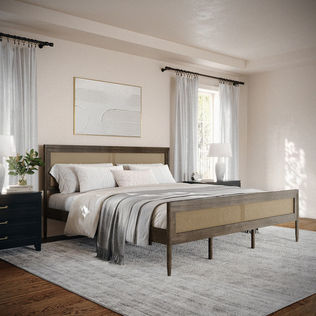 FLASH FURNITURE MG090022KWOAK Martha Stewart Jax Solid Wood Platform Bed with Rattan Headboard and Footboard, No Box Spring Required, Brown Gray, King FLASH FURNITURE MG090022KWOAK Martha Stewart Jax Solid Wood Platform Bed with Rattan Headboard and Footboard, No Box Spring Required, Brown Gray, King