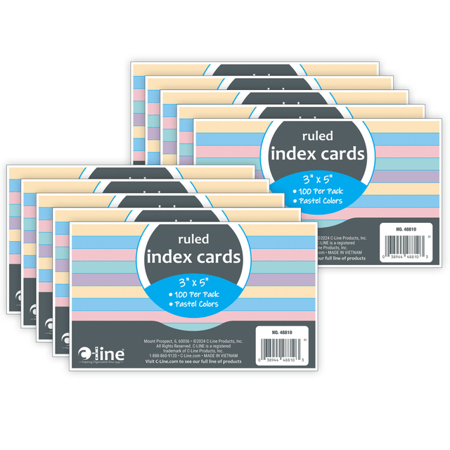 Color code your notes and lists and keep them organized. These colored index cards are a must have for Back-to-School.  Cards are lined on the front and blank on the back.  Colored index cards are great for flash cards, recipes, to-do lists and more!  Perfect for home, school, and business.  Each pack contains 100 cards in assorted pastel colors: yellow, green, pink, blue, and purple.  Sold as 10 packs for a total of 1000 index cards.
