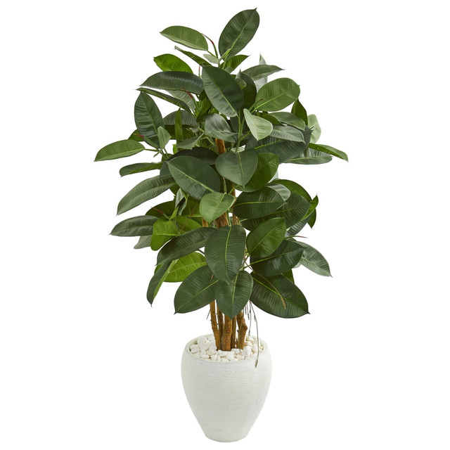NEARLY NATURAL INC. 9251 Nearly Natural 53in Artificial Rubber Tree With Planter, Green/White NEARLY NATURAL INC. 9251 Nearly Natural 53in Artificial Rubber Tree With Planter, Green/White