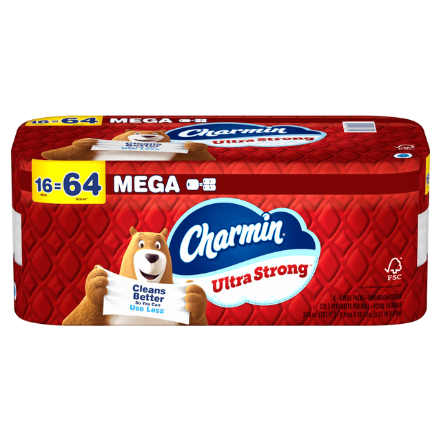 THE PROCTER & GAMBLE COMPANY 30772132159 Charmin Ultra Strong Toilet Paper Mega Rolls, 4in x 3-15/16in, White, 220 Sheets Per Roll, Pack Of 16 Mega Rolls