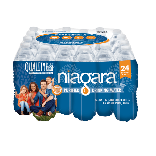 Stay hydrated while on the go with these Niagara Purified Drinking Water Bottles. Carefully filtered with reverse osmosis, micron filtration and ozone technologies, the water has been purified to ensure a great taste.  Purified water delivers a great taste.  Reverse osmosis, micron filtration and ozone technologies help filter out impurities.  Lightweight eco-air bottle design is easy to take with you.  Each bottle contains 16.9 fl oz of water to help you stay hydrated.