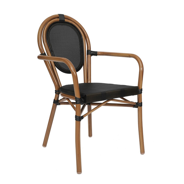 FLASH FURNITURE SDA6422ATXTBKN Marseille Indoor/Outdoor Commercial Thonet Bistro Stacking Chair with Arms, Textilene and Bamboo Print Aluminum Frame, Black/Natural Frame FLASH FURNITURE SDA6422ATXTBKN Marseille Indoor/Outdoor Commercial Thonet Bistro Stacking Chair with Arms, Textilene and Bamboo Print Aluminum Frame, Black/Natural Frame