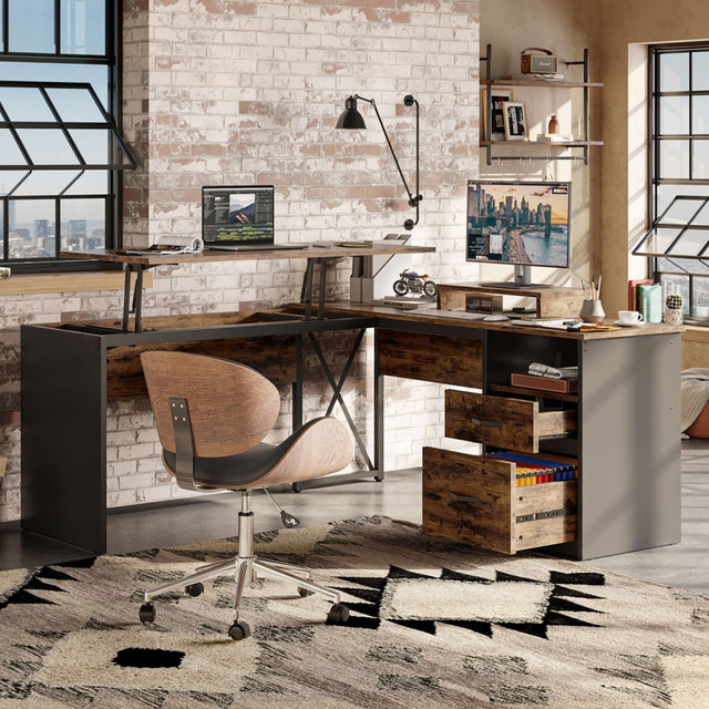 BESTIER H100914E-RST  56inW Standing Desk With Drawers & Monitor Stand, Rustic Brown