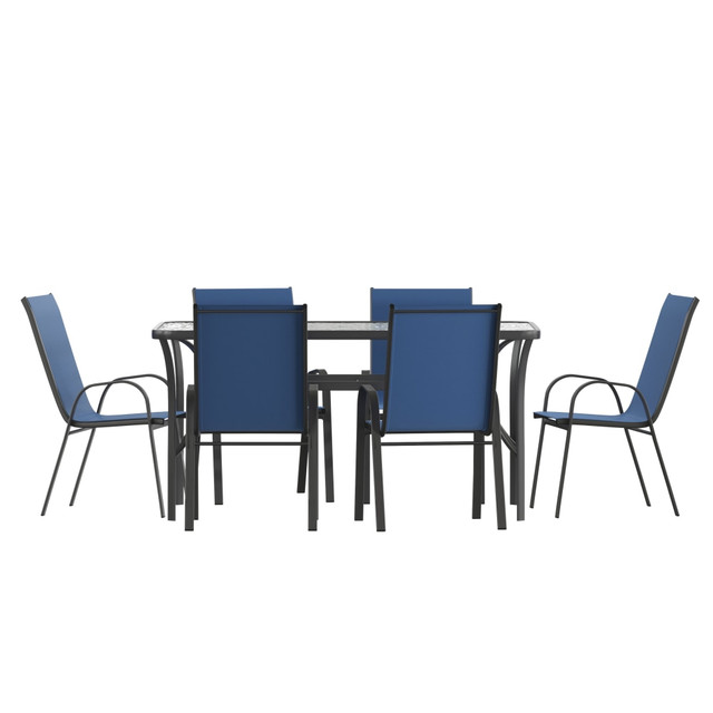 FLASH FURNITURE TLH94B303CNV  Brazos 7 Piece Commercial Grade Patio Dining Set with Tempered Glass Patio Table and 6 Chairs with Flex Comfort Material Seats and Backs, Navy