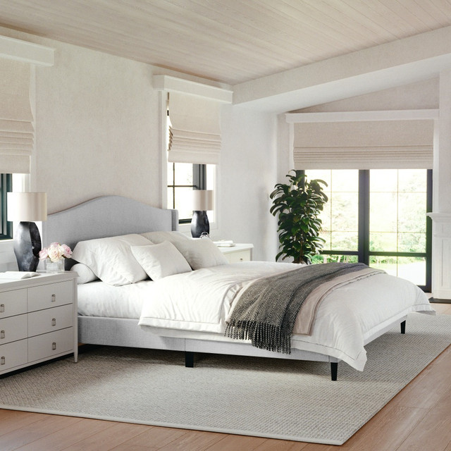 FLASH FURNITURE TW3WDB02KGY Martha Stewart Amelia Upholstered Platform Bed with Curved Headboard and Cushioned Siderails, Wood Slat Foundation with No Box Spring Needed, Gray Fabric/Black Legs, King FLASH FURNITURE TW3WDB02KGY Martha Stewart Amelia Upholstered Platform Bed with Curved Headboard and Cushioned Siderails, Wood Slat Foundation with No Box Spring Needed, Gray Fabric/Black Legs, King