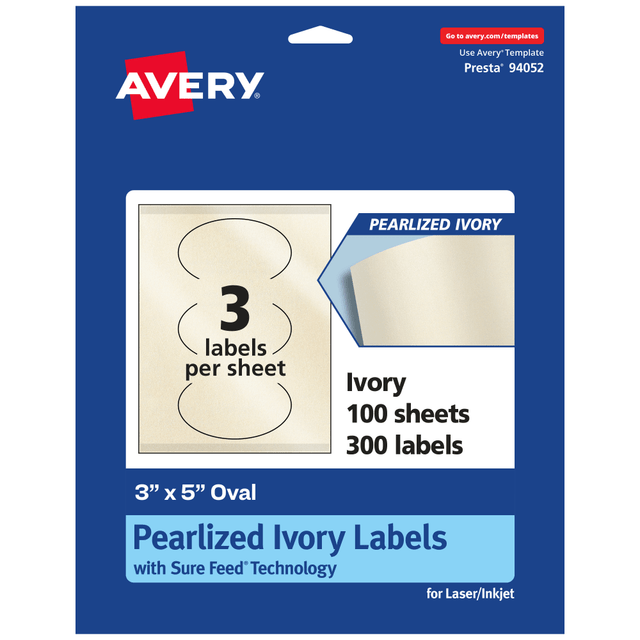 AVERY PRODUCTS CORPORATION 94052-PIP100 Avery Pearlized Permanent Labels With Sure Feed, 94052-PIP100, Oval, 3in x 5in, Ivory, Pack Of 300 Labels AVERY PRODUCTS CORPORATION 94052-PIP100 Avery Pearlized Permanent Labels With Sure Feed, 94052-PIP100, Oval, 3in x 5in, Ivory, Pack Of 300 Labels