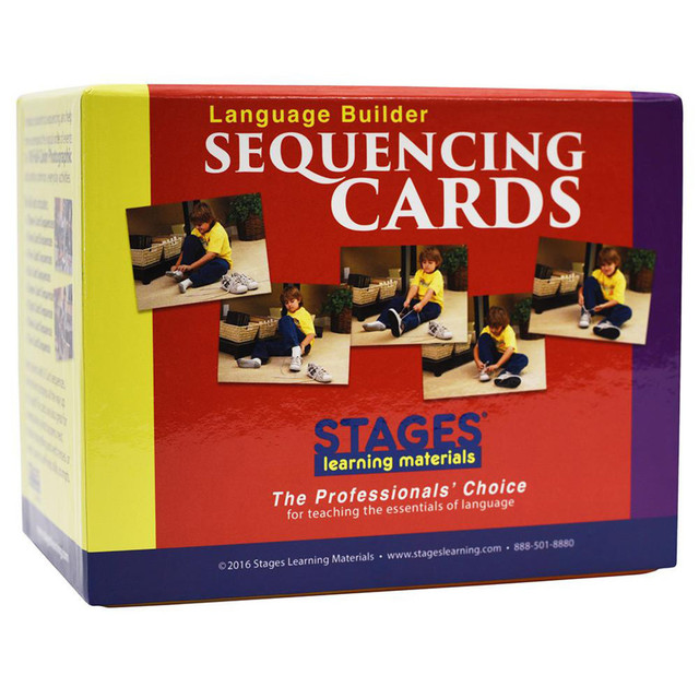 Help students develop important skills in the classroom with these Stages Learning Materials Language Builder Picture Cards. These cards introduce students to sequencing and help them understand the logical order of events when storytelling, learning verbs and tenses and more.  Designed to introduce students to sequencing and help them understand the logical order of events.  Assists with understanding what happens next, teaching storytelling or social stories, learning verbs and tenses or for self-help skills prompts.  Full-color photographic cards portray common, everyday activities with a heavy emphasis on self-help skills.  Includes 1 ten-card sequence, 1 nine-card sequence, 1 eight-card sequence, 1 seven-card sequence, 6 six-card sequences, 4 five-card sequences, 5 four-card sequences and 2 three-card sequences.