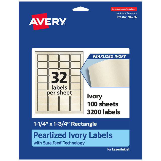 AVERY PRODUCTS CORPORATION 94226-PIP100 Avery Pearlized Permanent Labels With Sure Feed, 94226-PIP100, Rectangle, 1-1/4in x 1-3/4in, Ivory, Pack Of 3,200 Labels AVERY PRODUCTS CORPORATION 94226-PIP100 Avery Pearlized Permanent Labels With Sure Feed, 94226-PIP100, Rectangle, 1-1/4in x 1-3/4in, Ivory, Pack Of 3,200 Labels