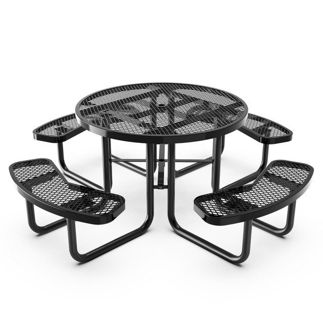 FLASH FURNITURE SLFEMR46H60LBK  Creekside Outdoor Round Picnic Table with Commercial Heavy Gauge Expanded Metal Mesh Seats and Top with Umbrella Hole, Steel Frame, Ground Anchors, Black